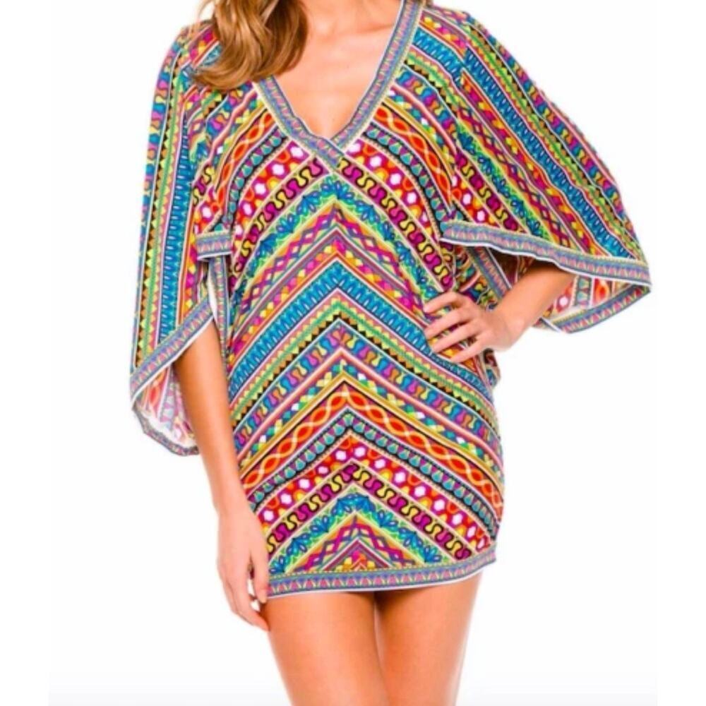 Trina Turk Peruvian Stripe Kimono Swimsuit Beach Cover-Up Dress tropical Medium.